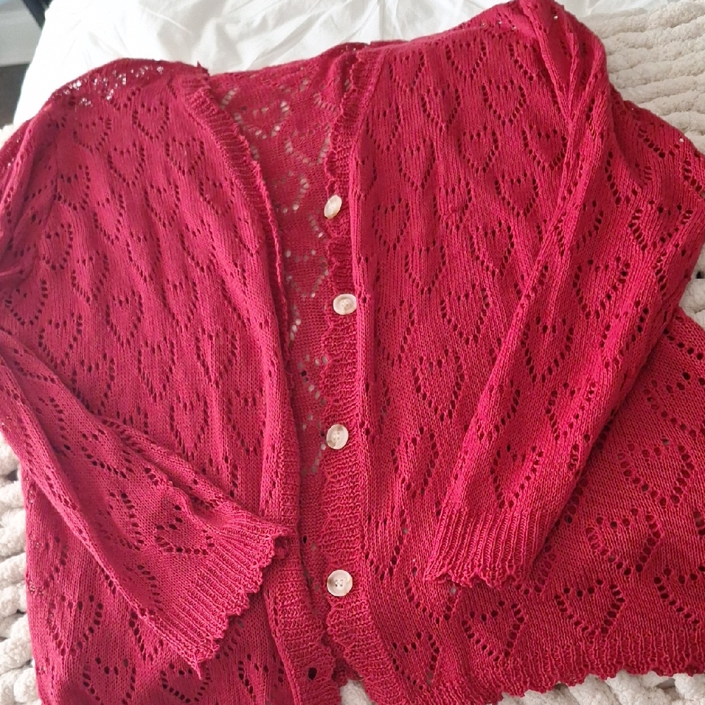 Shein Curve 1X Red Heart Knit Cardigan Sweater with Buttons